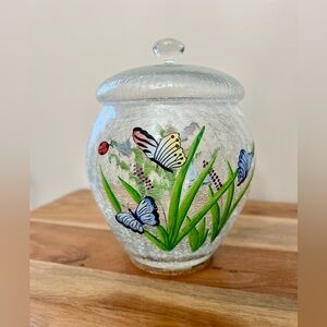 Vintage Crackle Glass Hand Painted Butterfly Jar with Lid
